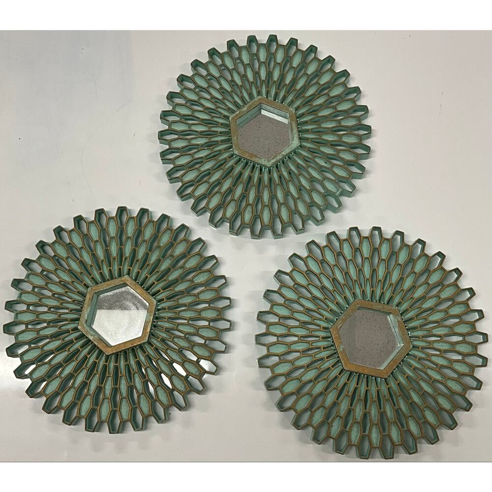 Set of 3 Decorative Green/Teal and Gold Mandala Wall Mirrors 10X10 Lightweight